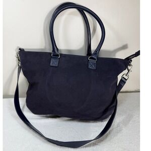 Talbots Navy Blue Suede Tote Bag Leather Trim Zip Top Shoulder Strap Handbag